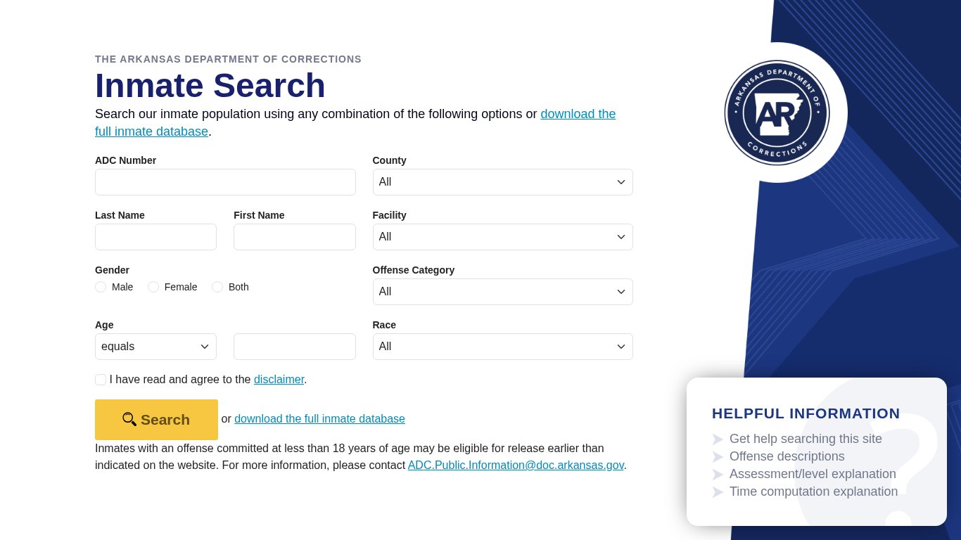Arkansas Department of Corrections Inmate Search